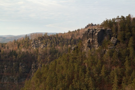 View of the landscape at sunset in National Park Bohemian Switzerland, Czech Republicの写真素材