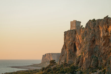 Fortress on the rock at sunset, Sicilyの写真素材