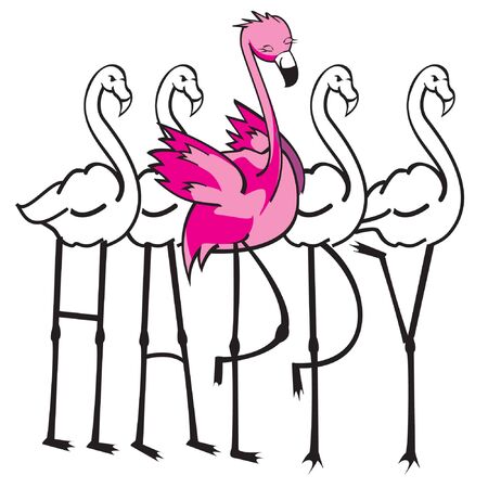 Line drawing illustration with five flamingos forming with their paws the word "Happy" on white backgroundのイラスト素材