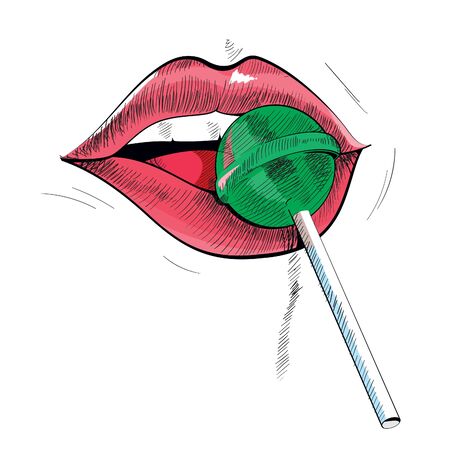 Vector sketch of red lips of woman trying a lollipop isolated on whiteのイラスト素材