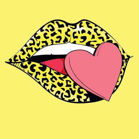 animal print lips with a red heart on an yellow backgroundのイラスト素材