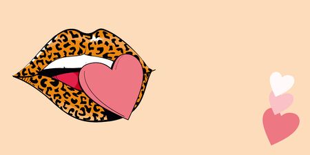 Panorama design of a leopard print lips with a red heart on orange background panoramic web bannerのイラスト素材