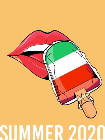 ector drawing of woman lips trying ice cream in the colors of the Italian flagのイラスト素材