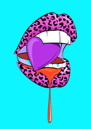 Vector illustration of animal print lips biting a pink heart on cyan background. Vertical poster of vector lipsのイラスト素材