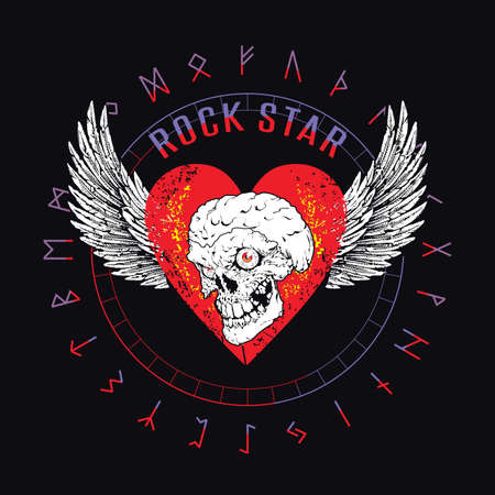 T-shirt vector design of a skull over an red heart star and runic characters isolated on blacのイラスト素材