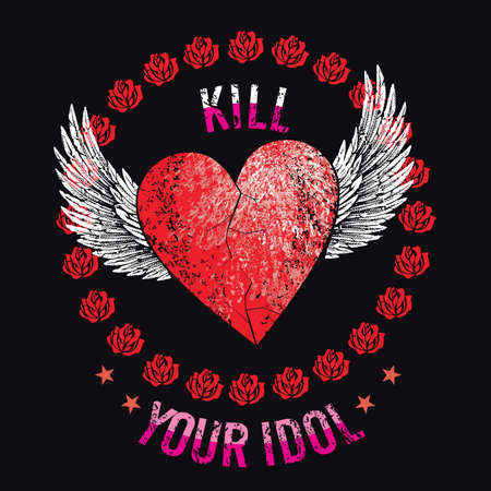 T-shirt vector design of a red heart with white wings in a circle of roses isolated on blackのイラスト素材