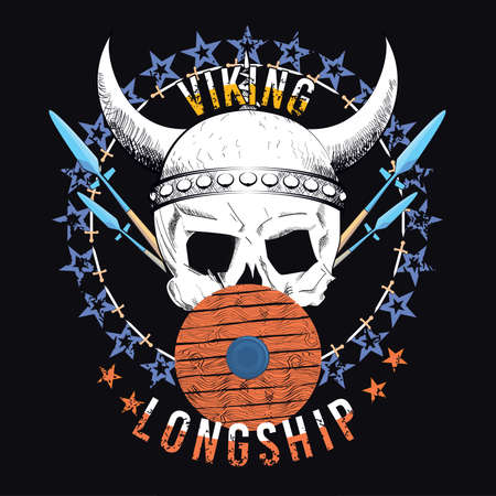 T-shirt design of a viking skull with a circle of stars and letters on  blackのイラスト素材