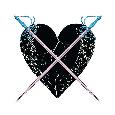 vector illustration of two crossed swords over a black heart.のイラスト素材