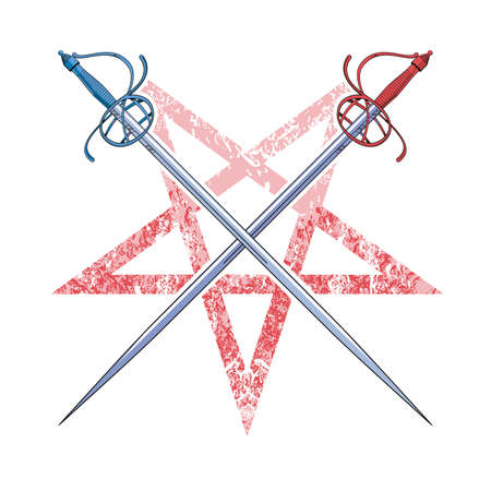 vector illustration of two crossed swords on a pentagram. Heraldic themed drawing for posters or...