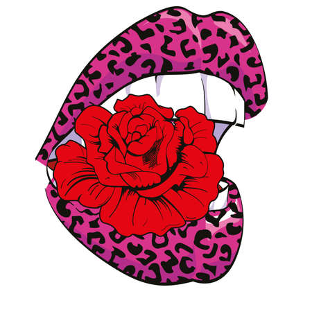 Vector illustration of animal print lips biting a pink flower isolated on white. Floral design for t-shirts or posters.のイラスト素材