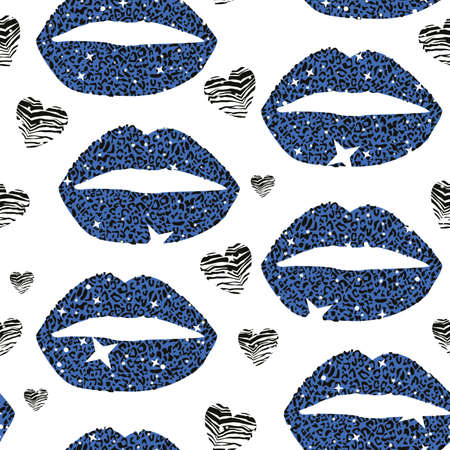 Pattern design of a leopard print lips and hearts on dotted pink background.のイラスト素材