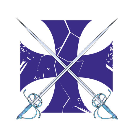 Vector illustration of two swords clashing over a cross. Ideal design for chivalry and adventure comics.のイラスト素材