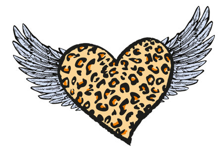 Vector design for t-shirt of a animal print heart with wings isolated on white. Illustration of a fancy heart flying.のイラスト素材
