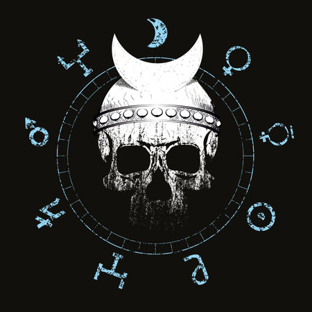 Vector illustration of a skull with a lunar helmet surrounded by symbols of planets of the solar system. Design for t-shirts or posters.のイラスト素材