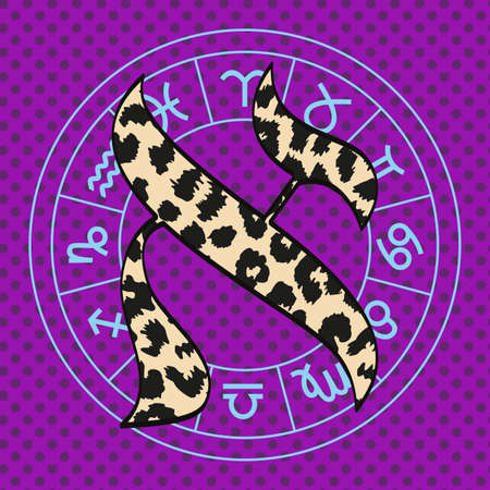 Vector illustration of letter aleph with animal print texture and zodiac signs