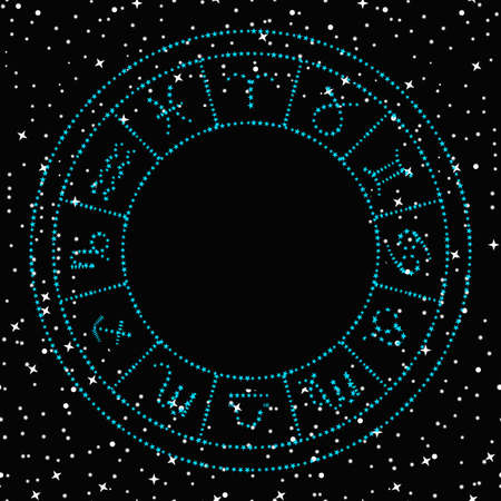 Vector illustration of zodiac signs made up of small stars on a seamless pattern of stars.のイラスト素材
