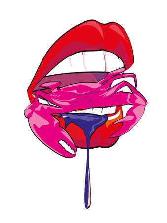Vector illustration of red lips of woman biting a crab isolated on whiteのイラスト素材