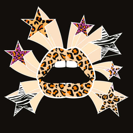 beautiful illustration of animal print lips and stars isolated on black backgroundのイラスト素材