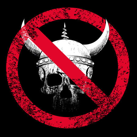 Vector illustration for human skull t-shirt with viking helmet and forbidden sign on black backgroundのイラスト素材