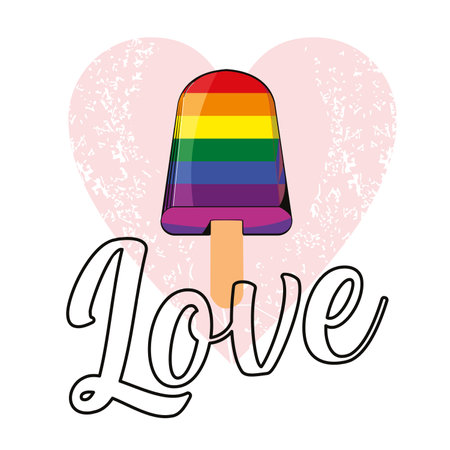 vector illustration of a stick ice cream with the colors of the rainbow and the word Love on a pink heart. Design for t-shirts or stickers.のイラスト素材