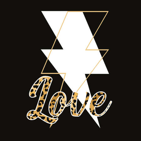 Vector illustration of lightning bolt symbol and text with animal print texture isolated on black. Design for t-shirts or stickers.のイラスト素材