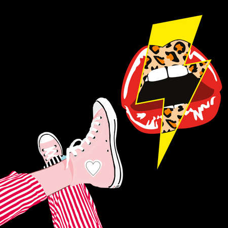 vector illustration of red lips mixed with a lightning bolt symbol with animal print and a close-up of sneakers. Design for posters or shirtsのイラスト素材