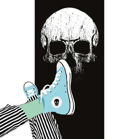 Vector illustration of sneakers in the foreground and a skull in the background.Design for t-shirts and posters of youth and adolescent culture.のイラスト素材