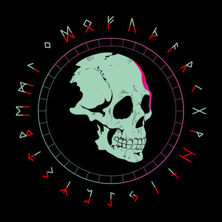 T-shirt vector design of a skull and runic characters isolated on black. Posterのイラスト素材
