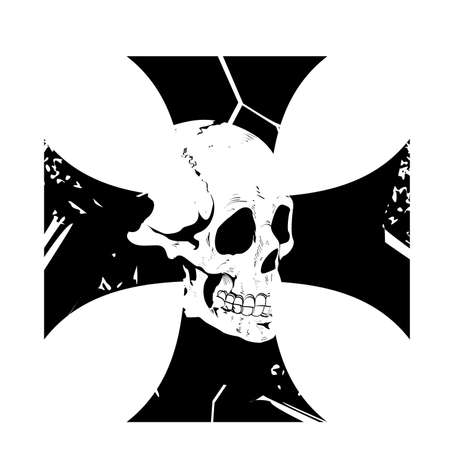 Vector illustration for human skull t-shirt on black cross isolated on white. Demoniac vector for posters.のイラスト素材