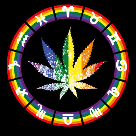 t-shirt design of a cannabis leaf and signs of the zodiac with the colors of the rainbow isolated on blackのイラスト素材