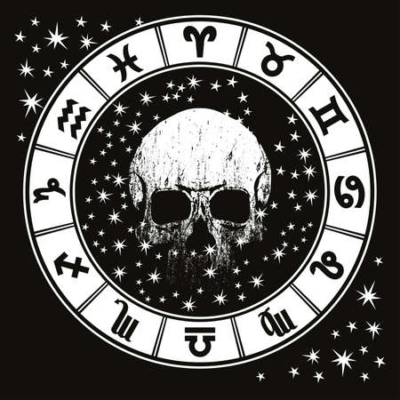 vector illustration of a skull and zodiac signs isolated on black. Design for t-shirts or posters.のイラスト素材
