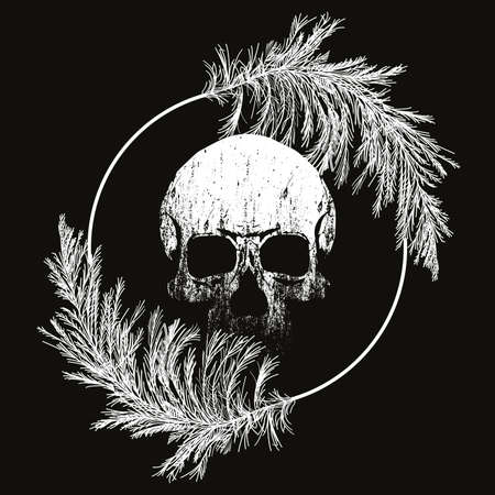 Skull vector drawing with feathers isolated on black for t-shirts or postersのイラスト素材