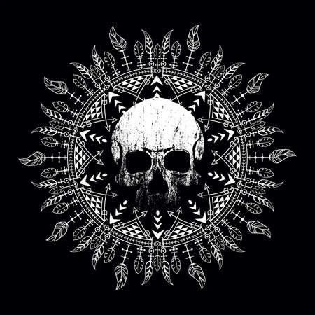 Skull vector drawing and white mandala isolated on black. Design for t-shirts or postersのイラスト素材