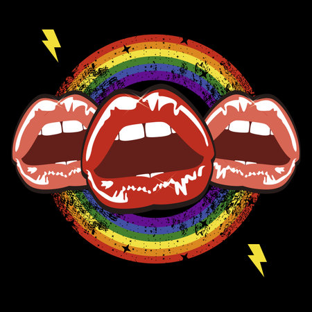 T-shirt design of three sensual mouths united by a rainbow isolated on black. Vector illustration for gay pride dayのイラスト素材