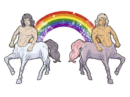 T-shirt design of two centaurs united by a rainbow. Vector illustration of two mythological charactersのイラスト素材