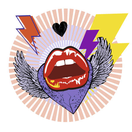 Design for a t-shirt with lips and a flying heart next to a lightning symbol. Vector illustration with glam rock styleのイラスト素材