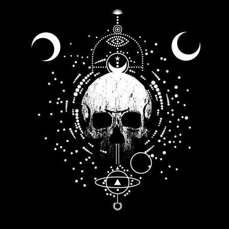 Skull t-shirt design with astrological symbols. Vector illustration for posters.のイラスト素材