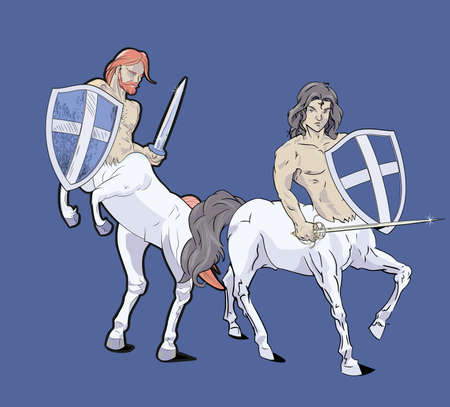 vector illustration of two centaurs with medieval swords and shields. Greek mythology character designのイラスト素材