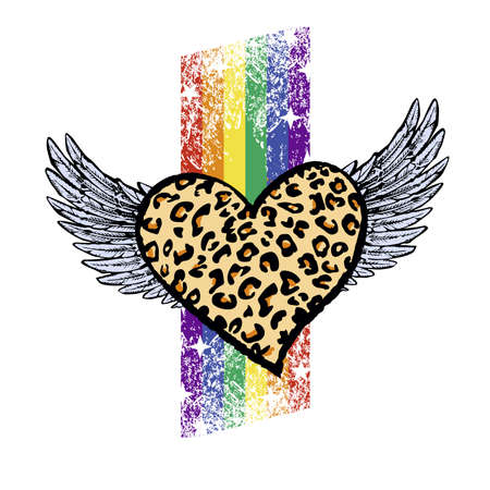 T-shirt design of a leopard print heart with a rainbow. Vector illustration for gay pride day.のイラスト素材
