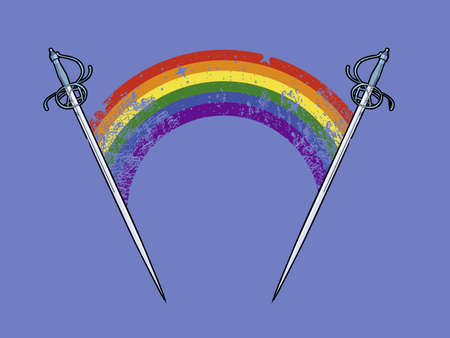 t-shirt design of a rainbow joining two medieval swords. Vector illustration for posters or...