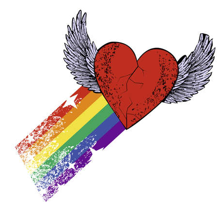 T-shirt design of a winged heart with a rainbow. Vector illustration for gay pride day.のイラスト素材