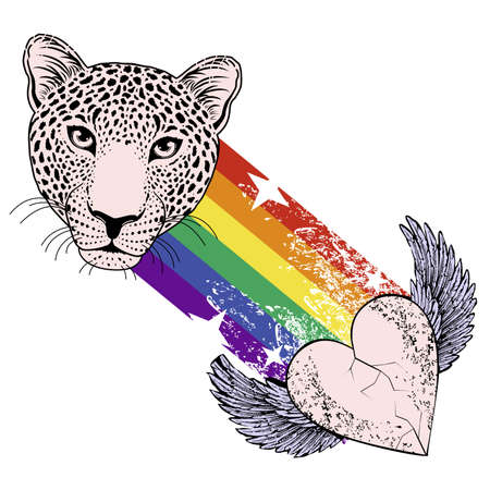 t-shirt design of a rainbow, a leopard and a winged heart isolated on black. Design for gay pride posters,のイラスト素材