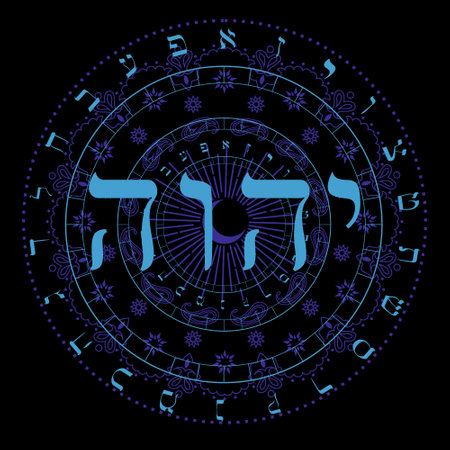 Vector illustration of the Hebrew alphabet in circular design. Sacred Tetragram in Hebrew.のイラスト素材