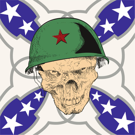 Design for t-shirt with a skull in a military helmet, stars on a blue background on a vintage mosaic background. seamless pattern design of warrior skull.のイラスト素材