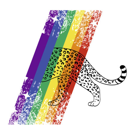 T-shirt design of a leopard entering a rainbow. vector illustration for gay pride dayのイラスト素材