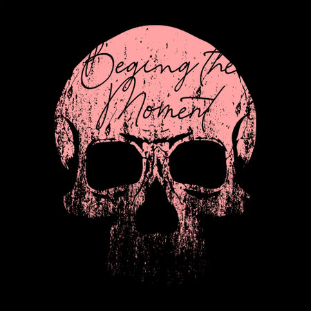 Beginning the moment. T-shirt design of a pink skull with a phrase written on the front.のイラスト素材