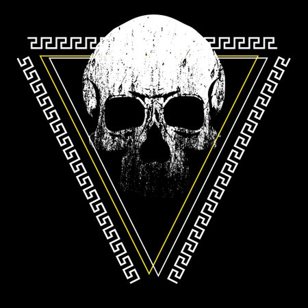skull t-shirt design inside a triangle and geometric ornaments. vector illustration for devilish posters.のイラスト素材