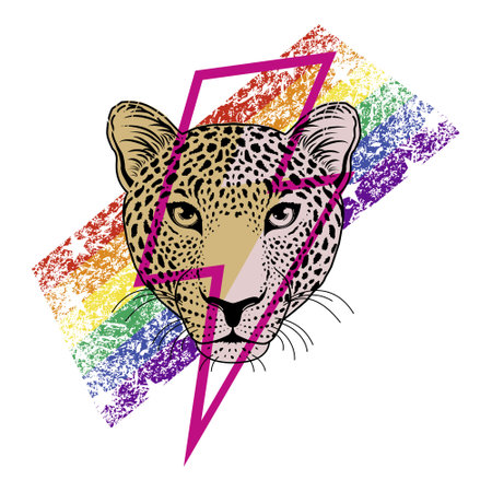 T-shirt design of a leopard head with a symbol of thunder and a rainbow isolated on white. Vector illustration for gay pride day.のイラスト素材