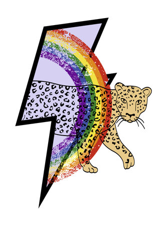 Thunderbolt symbol t-shirt design with a rainbow and a leopard isolated on white. Metaphorical illustration for gay pride day.のイラスト素材