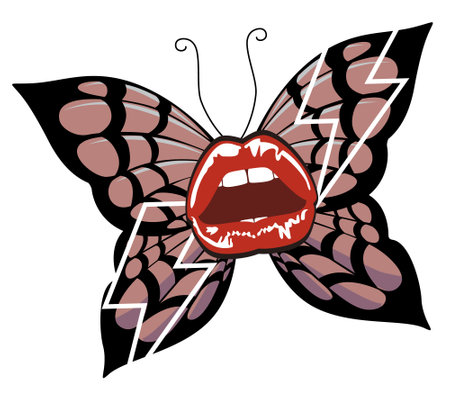 T-shirt design of sensual red lips with butterfly wings isolated on white. Vector illustration for posters.のイラスト素材